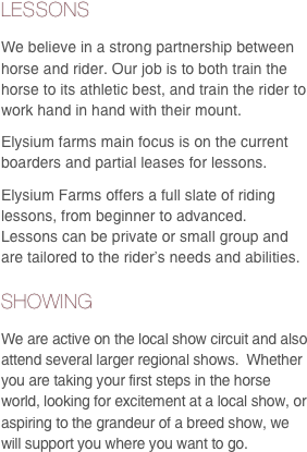 LESSONS
We believe in a strong partnership between horse and rider. Our job is to both train the horse to its athletic best, and train the rider to work hand in hand with their mount.
Elysium farms main focus is on the current boarders and partial leases for lessons.
Elysium Farms offers a full slate of riding lessons, from beginner to advanced.  Lessons can be private or small group and are tailored to the rider’s needs and abilities.  SHOWING
We are active on the local show circuit and also attend several larger regional shows.  Whether you are taking your first steps in the horse world, looking for excitement at a local show, or aspiring to the grandeur of a breed show, we will support you where you want to go.